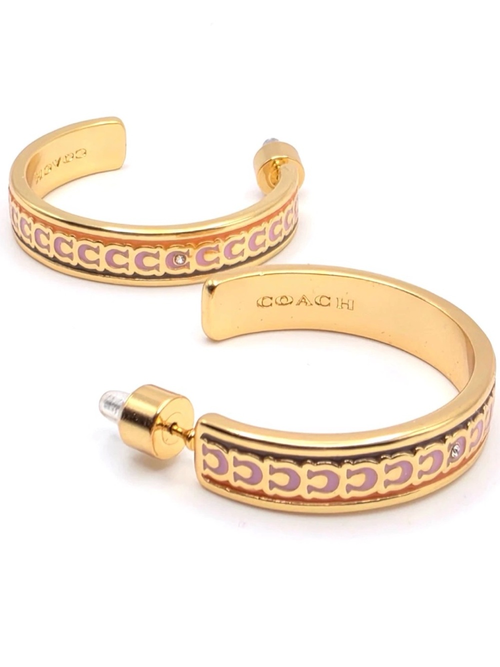 Coach Gold Hoop Earrings with Light Pink Enamel Accents